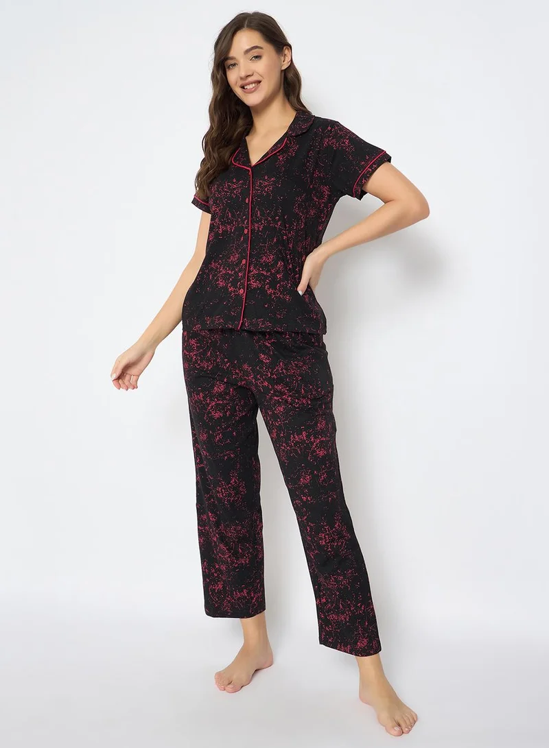 Clovia Black Printed Button Down Night Suit in Black - 100% Cotton for Women | Best Price UAE